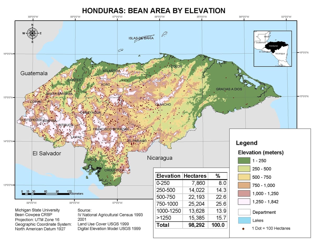 Karte von Honduras Höhe